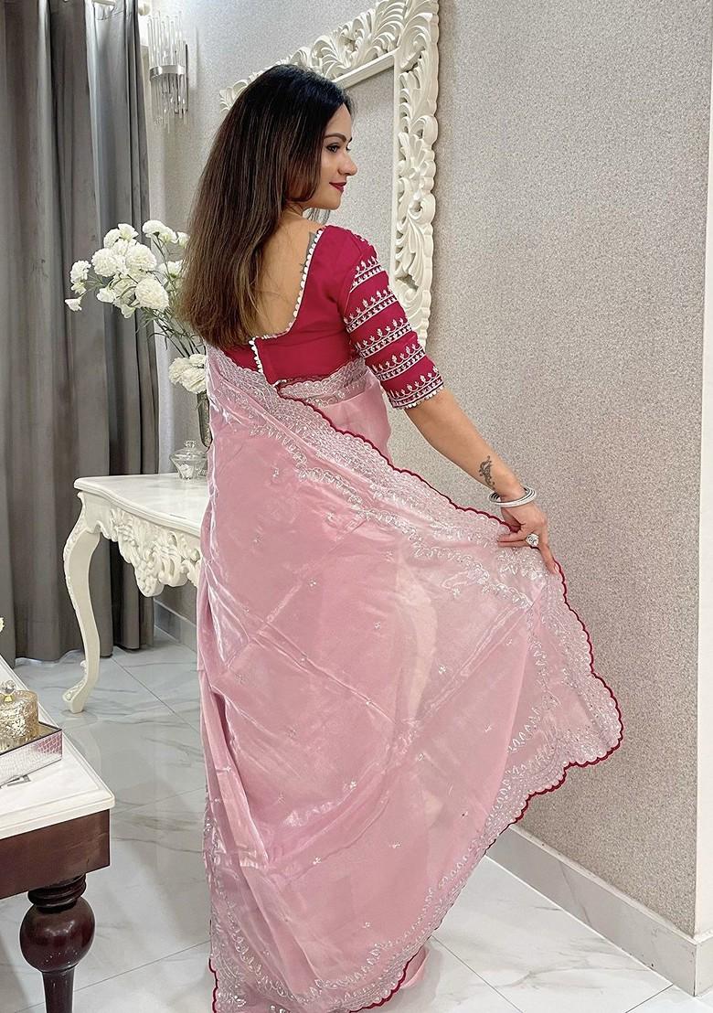 Pink Zari Printed Blended Saree Set - Indya