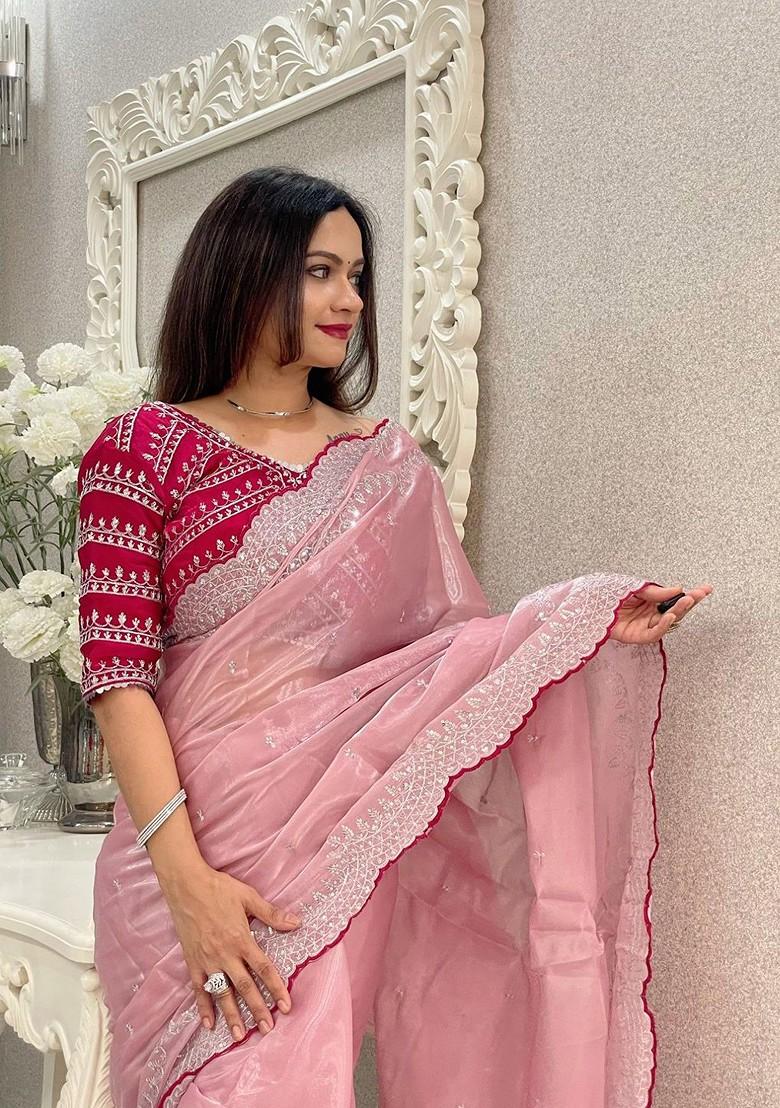 Pink Zari Printed Blended Saree Set - Indya