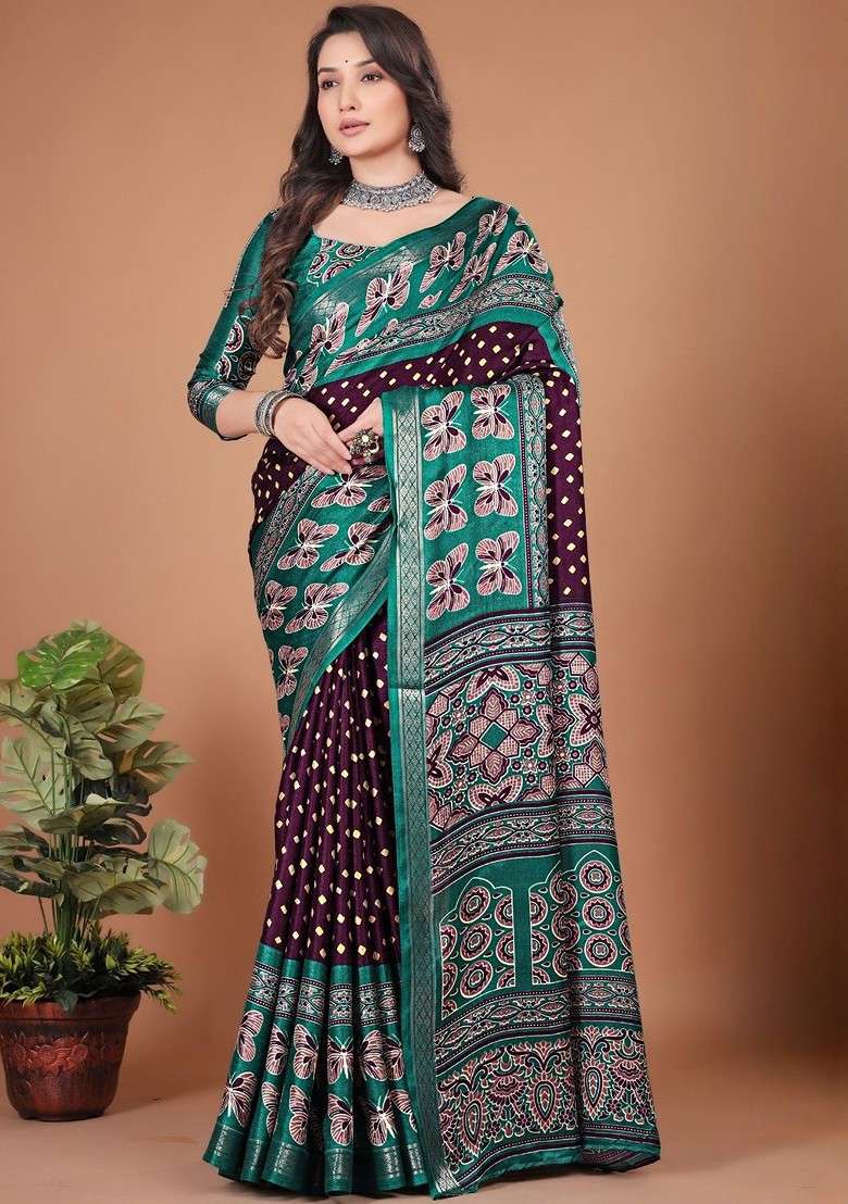 Maroon Printed Blended Saree Set for Diwali and Festive Wear - Indya