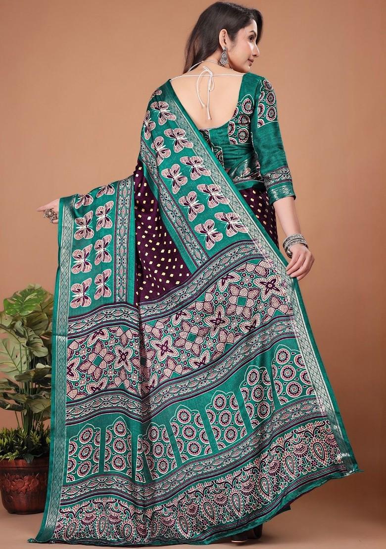 Maroon Printed Blended Saree Set - Indya