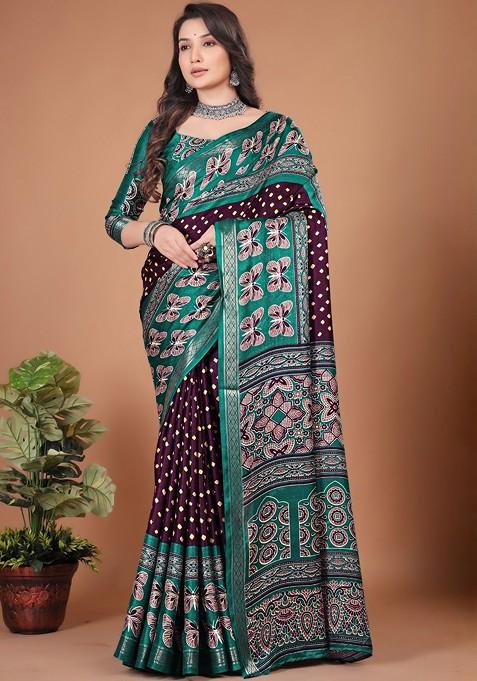 Maroon Printed Blended Saree Set