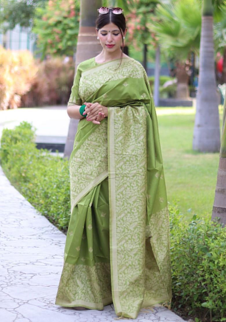Green Embellished Blended Saree Set - Indya