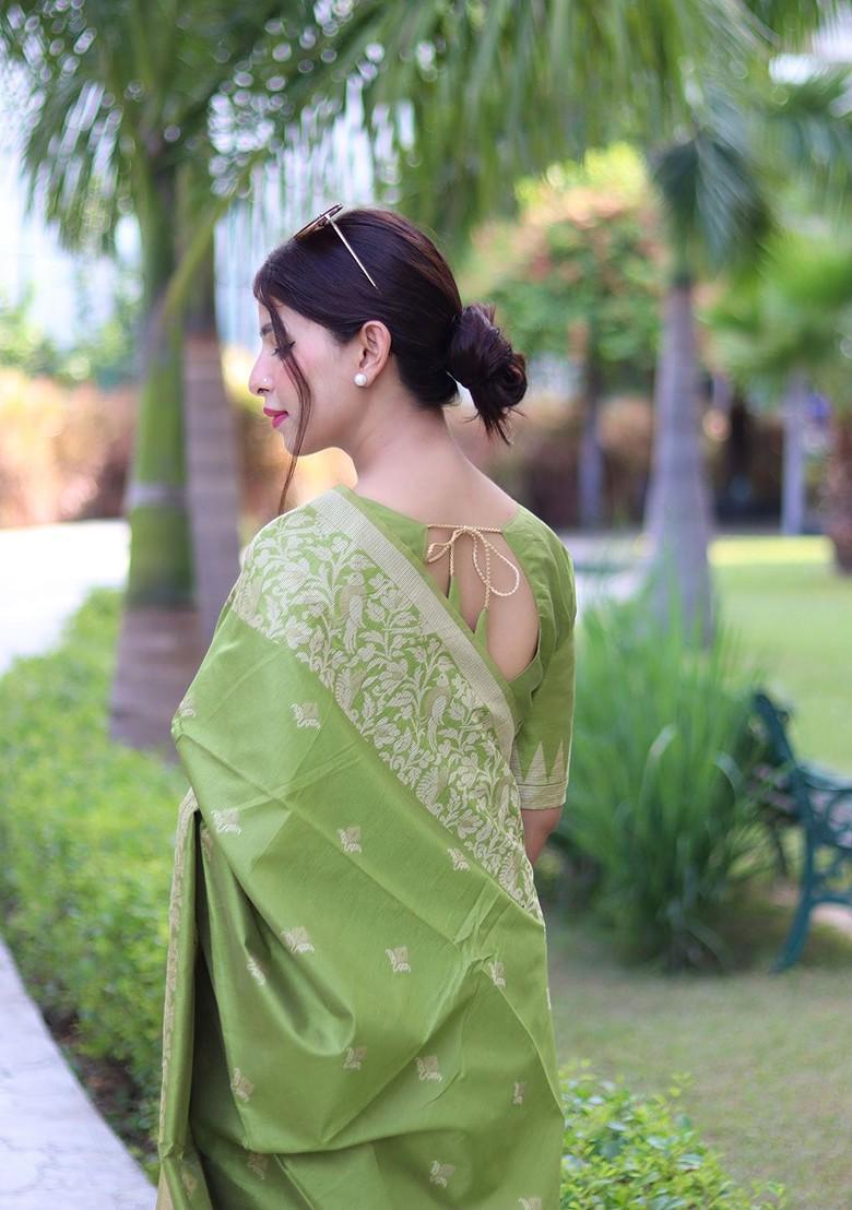 Green Embellished Blended Saree Set - Indya