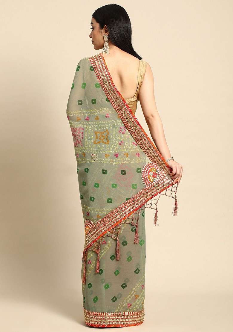 Green Blended Saree Set with Embroidered for Diwali | Wedding & Festive Wear - Indya