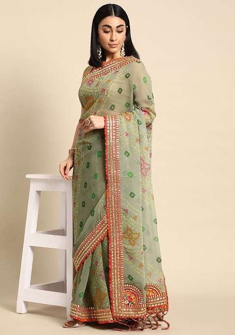 Green Blended Saree Set with Embroidered for Diwali | Wedding & Festive Wear