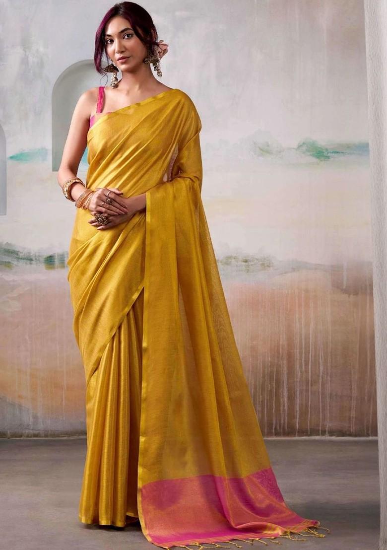 Yellow Embroidered Blended Saree Set - Indya