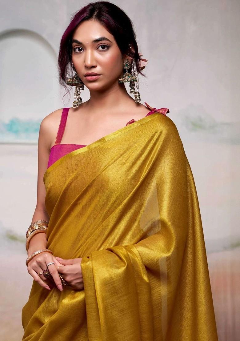Yellow Embroidered Blended Saree Set - Indya