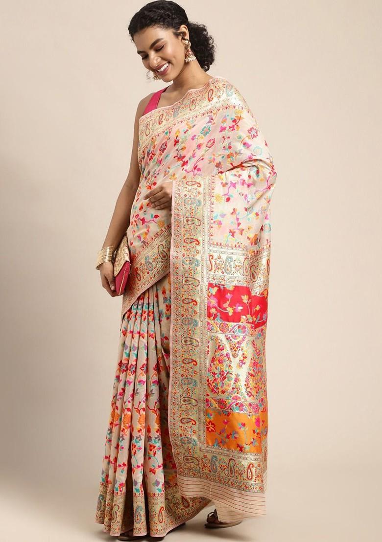 White Zari Printed Blended Saree Set - Indya