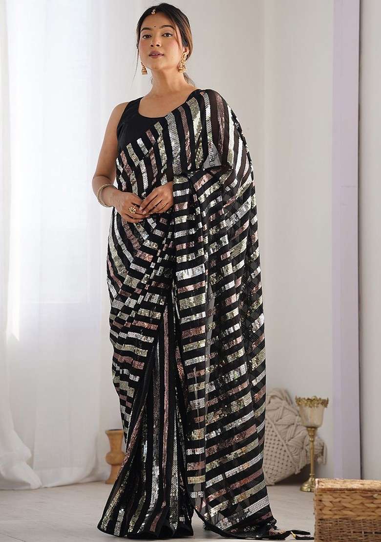 Black Striped Sequinned Blended Saree Set for Diwali and Festive Wear - Indya