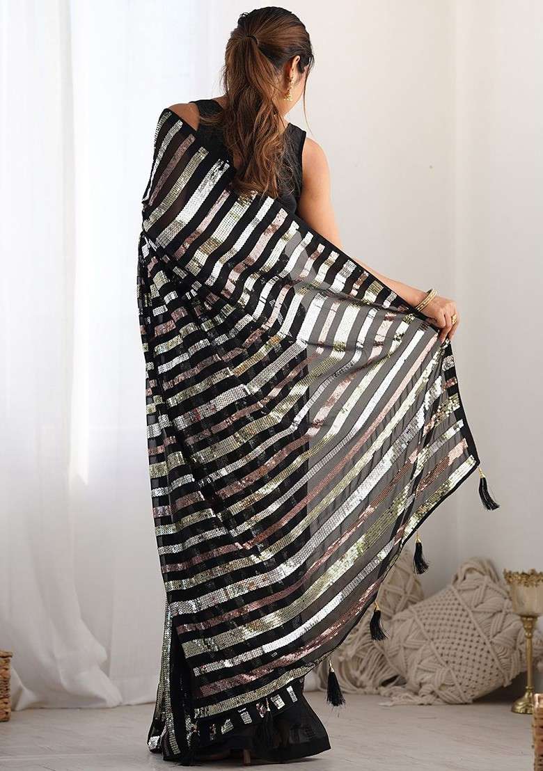 Black Striped Sequinned Blended Saree Set for Diwali and Festive Wear - Indya