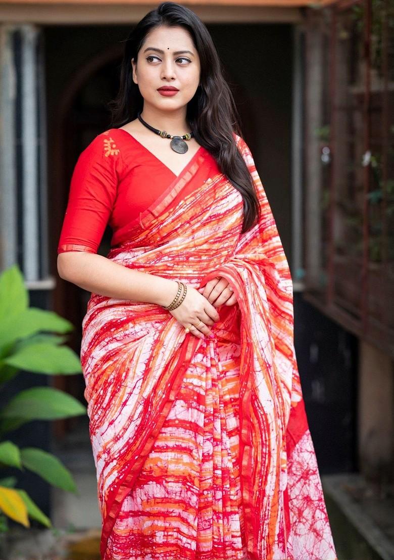 Red Printed Blended Saree Set - Indya