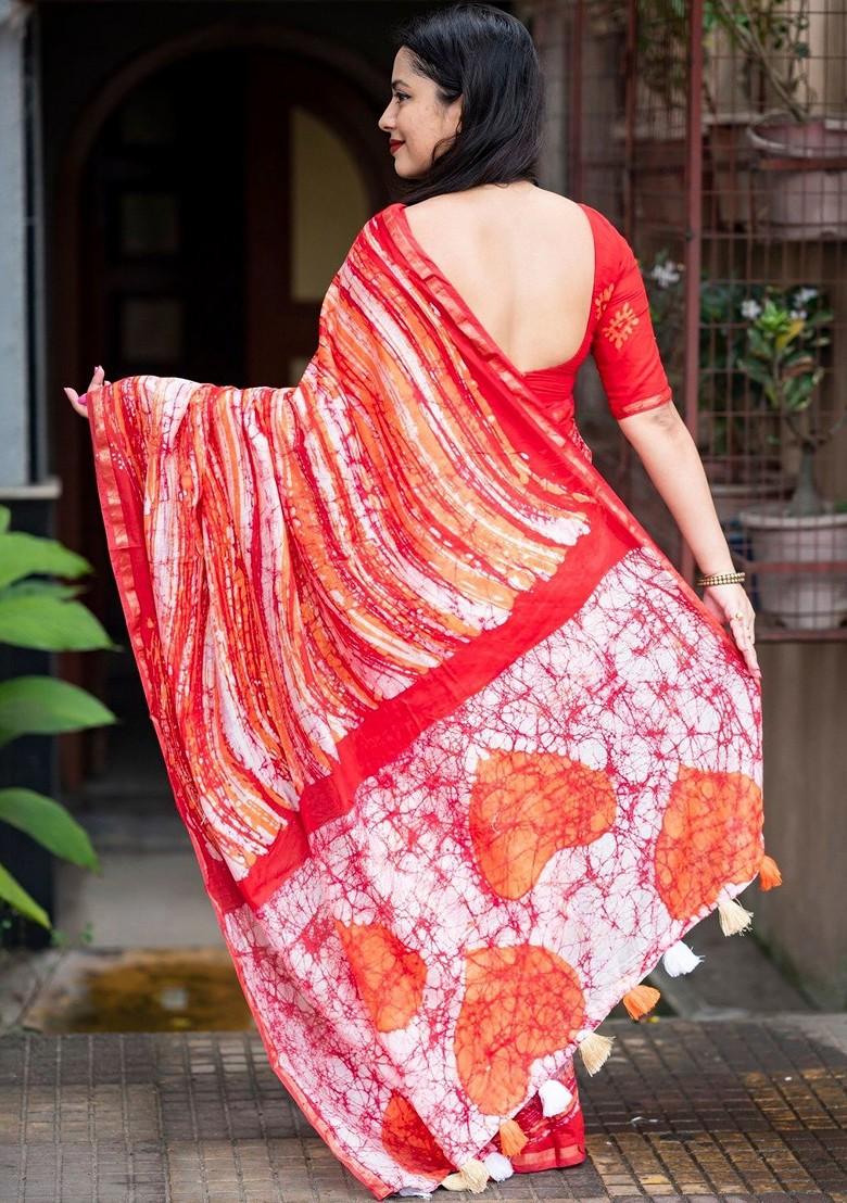 Red Printed Blended Saree Set - Indya