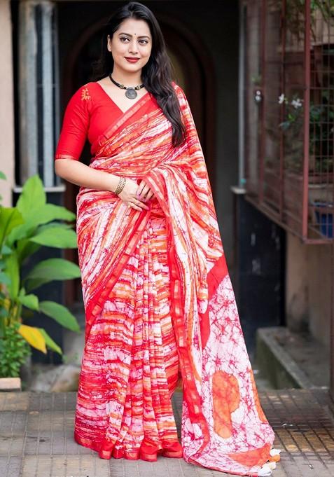 Red Printed Blended Saree Set