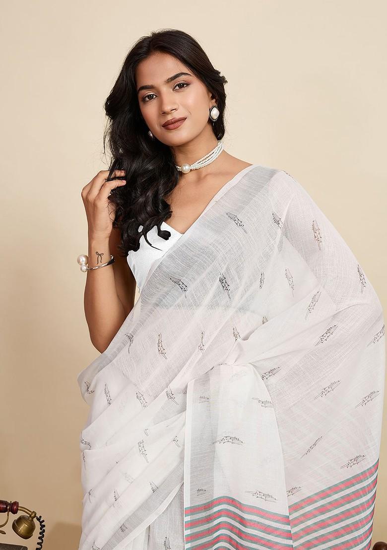 White Zari Printed Blended Saree Set - Indya