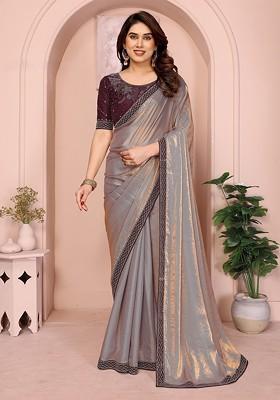 Gold Sequinned Blended Saree Set