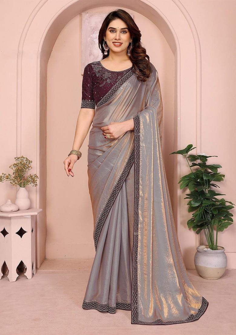 Gold Sequinned Blended Saree Set - Indya