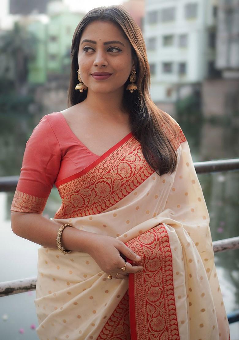 White Zari Printed Blended Saree Set - Indya