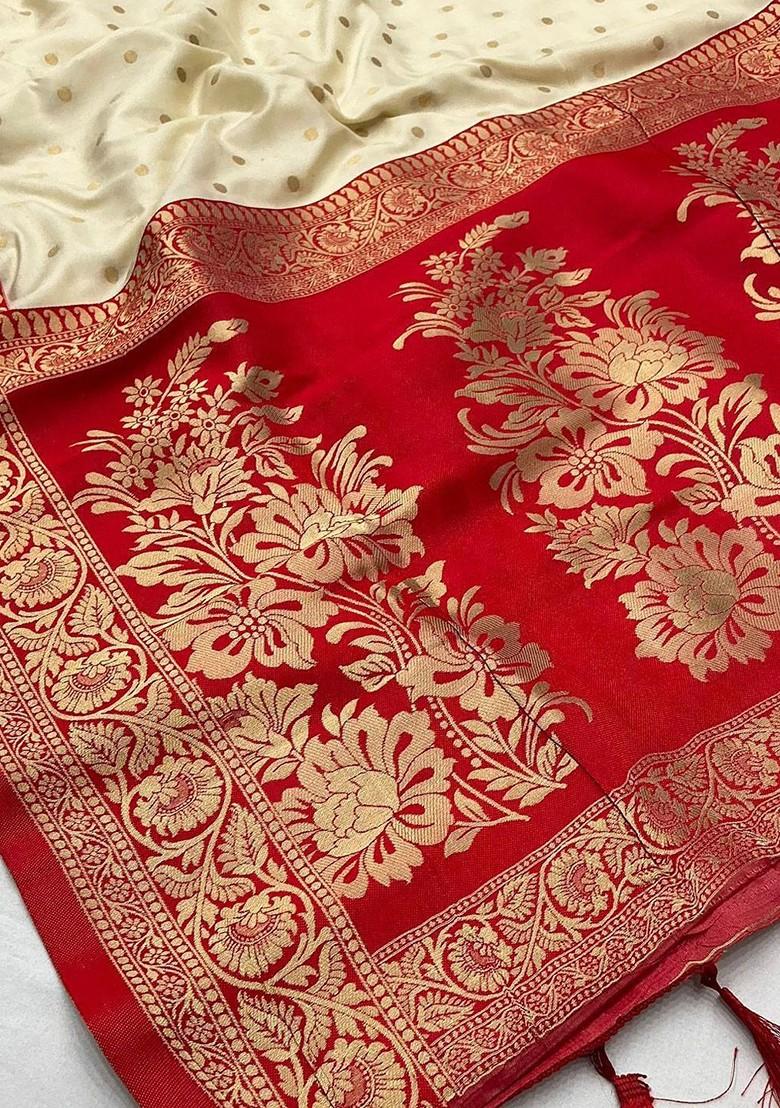 White Zari Printed Blended Saree Set - Indya