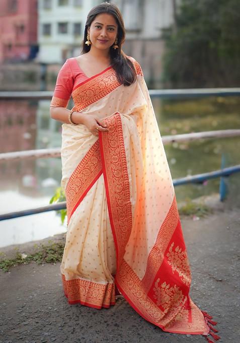 White Zari Printed Blended Saree Set