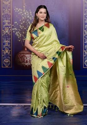 Green Embroidered Blended Saree Set