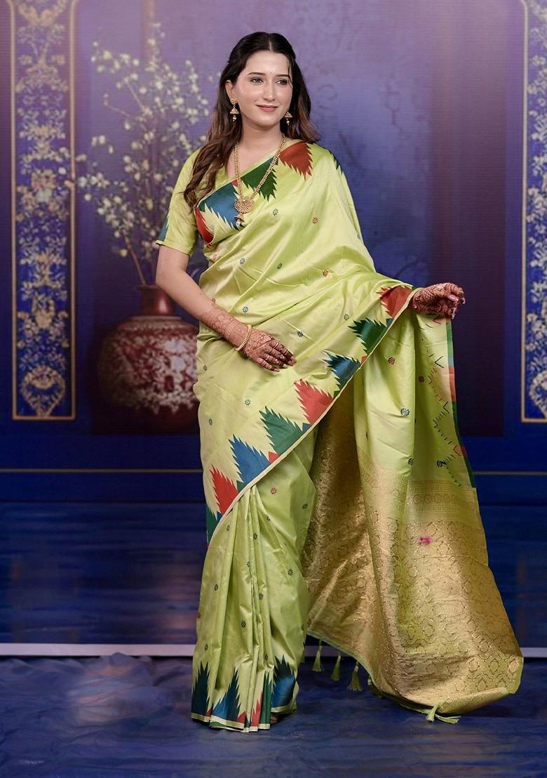 Green Embroidered Blended Saree Set - Indya