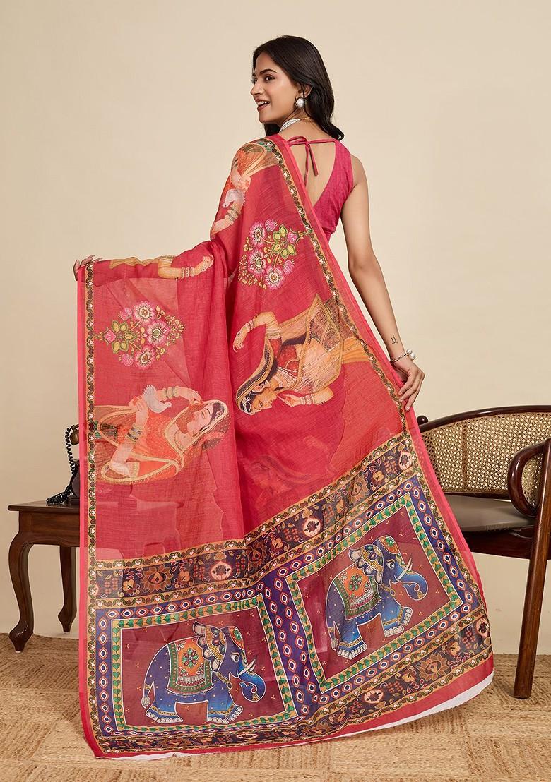 Red Printed Blended Saree Set - Indya