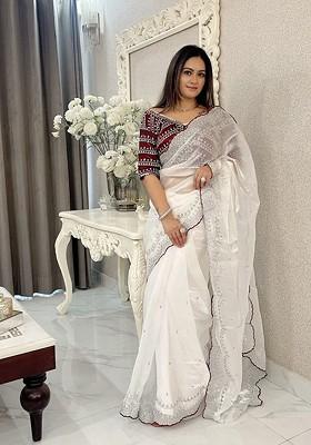 White Zari Printed Blended Saree Set