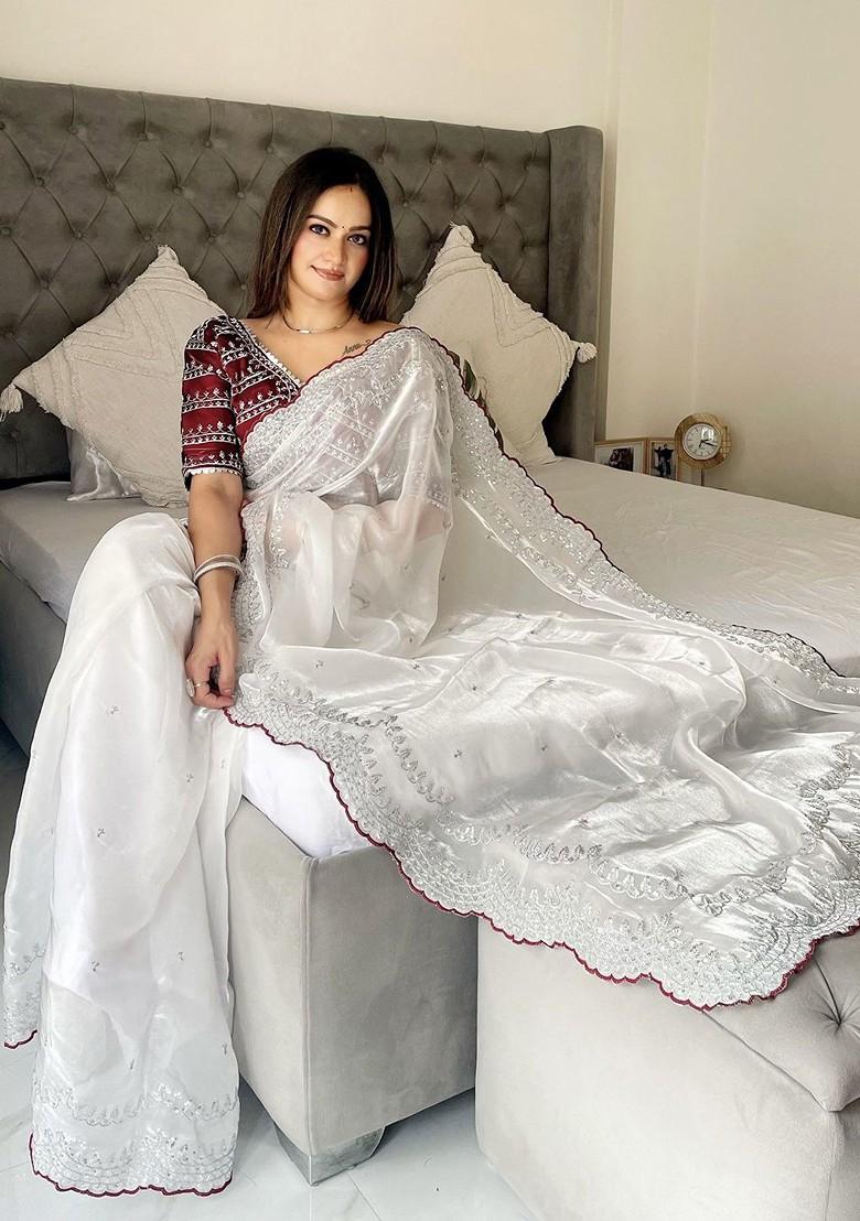 White Zari Printed Blended Saree Set - Indya