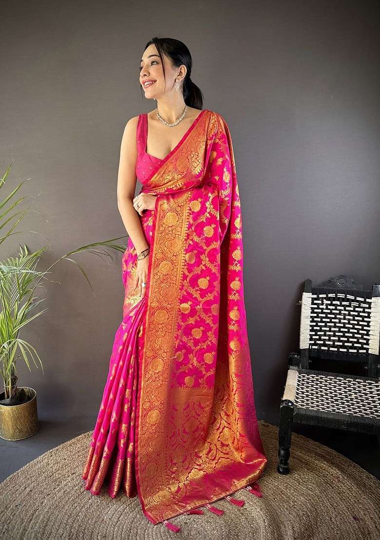 Magenta Zari Printed Blended Saree Set - Indya