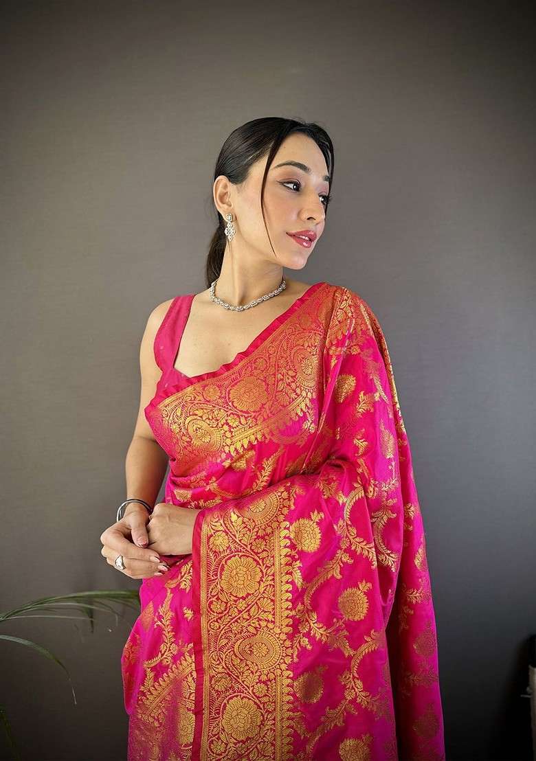 Magenta Zari Printed Blended Saree Set - Indya