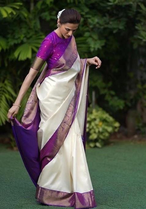 White Zari Printed Blended Saree Set