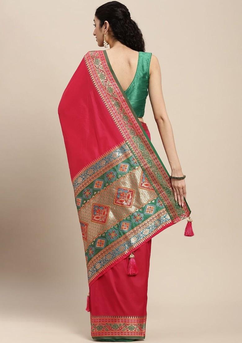 Red Zari Printed Blended Saree Set - Indya