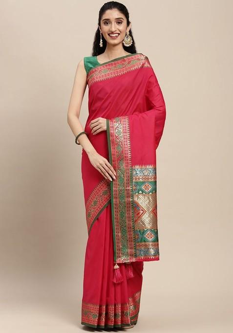 Red Zari Printed Blended Saree Set