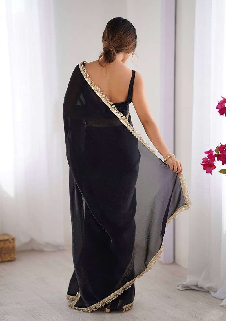 Black Sequinned Blended Saree Set for Diwali and Festive Wear - Indya