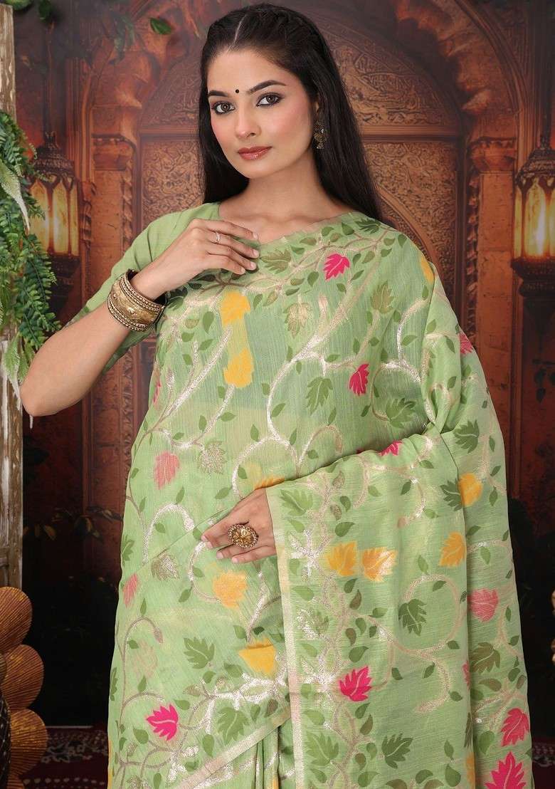 Green Printed Blended Saree Set for Diwali and Festive Wear - Indya