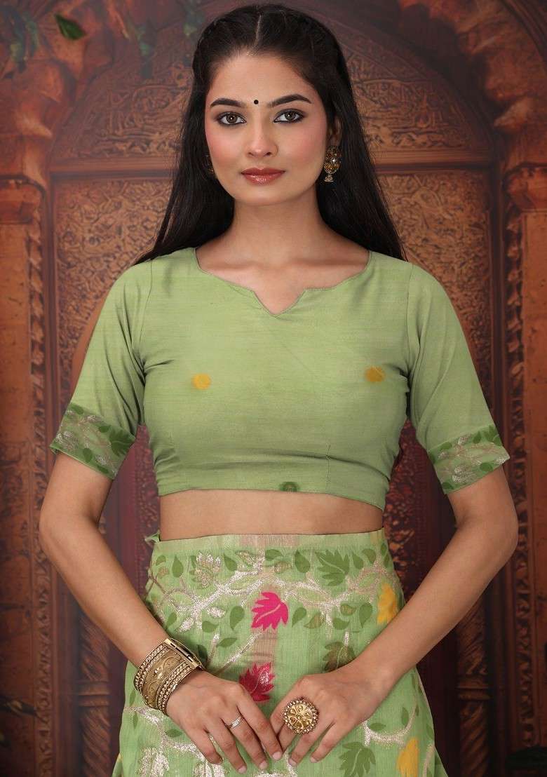 Green Printed Blended Saree Set for Diwali and Festive Wear - Indya
