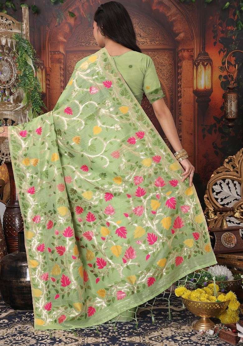 Green Printed Blended Saree Set for Diwali and Festive Wear - Indya