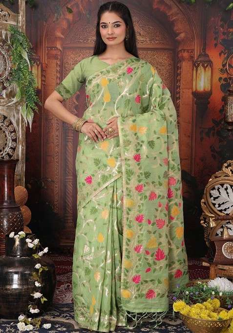Green Printed Blended Saree Set for Diwali and Festive Wear