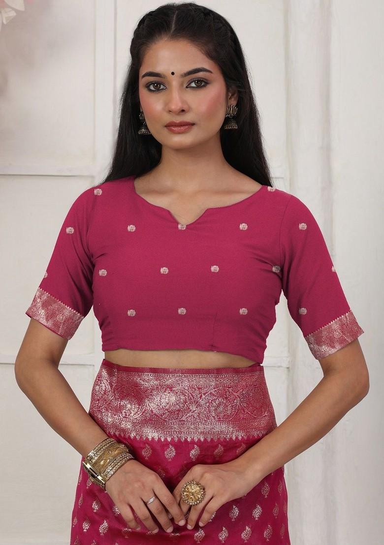 Magenta Zari Printed Blended Saree Set - Indya