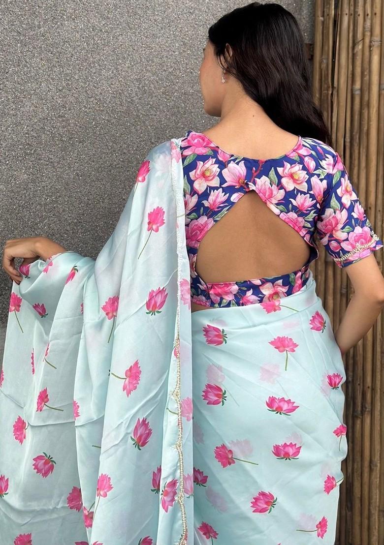 White Floral Print Blended Saree Set