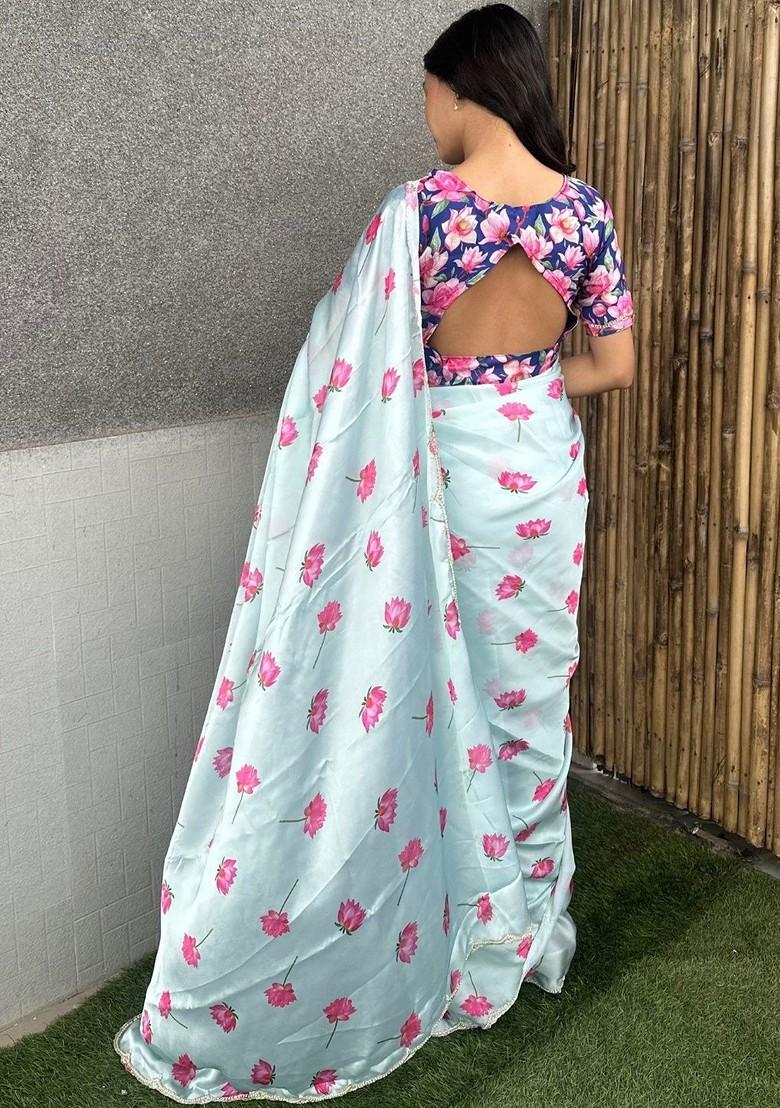 White Floral Print Blended Saree Set