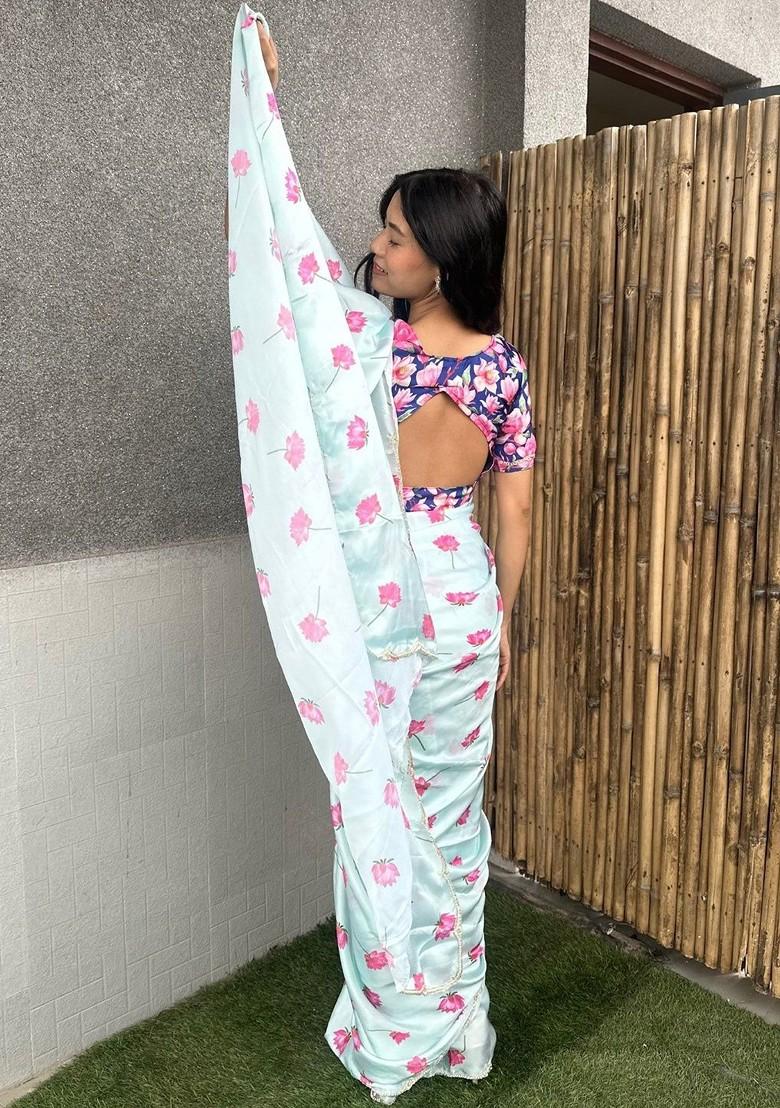 White Floral Print Blended Saree Set