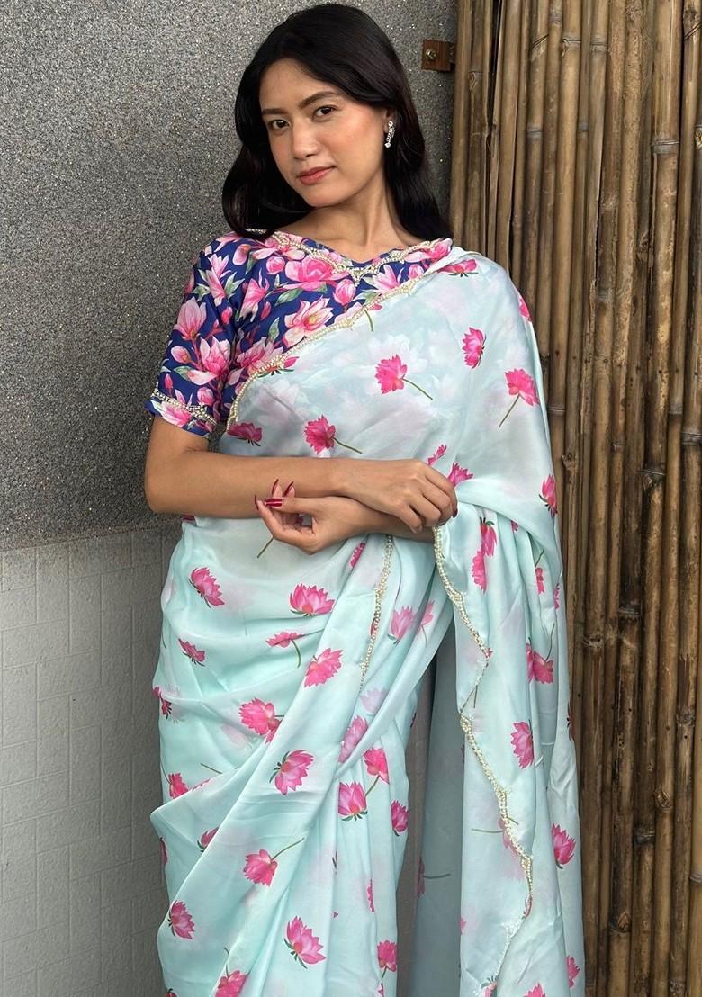 White Floral Print Blended Saree Set