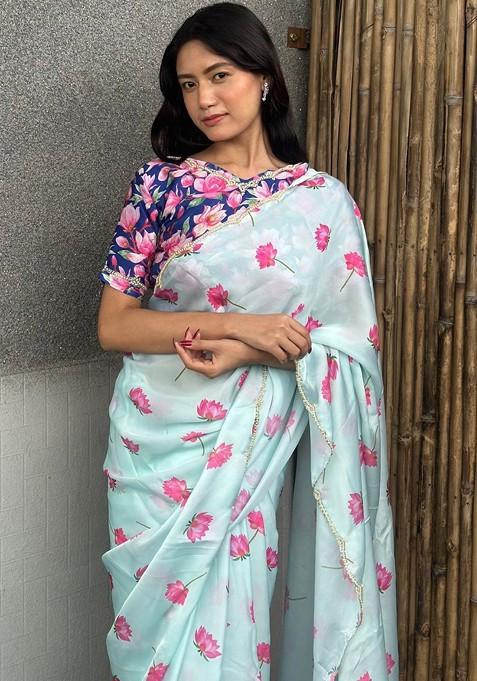 White Floral Print Blended Saree Set