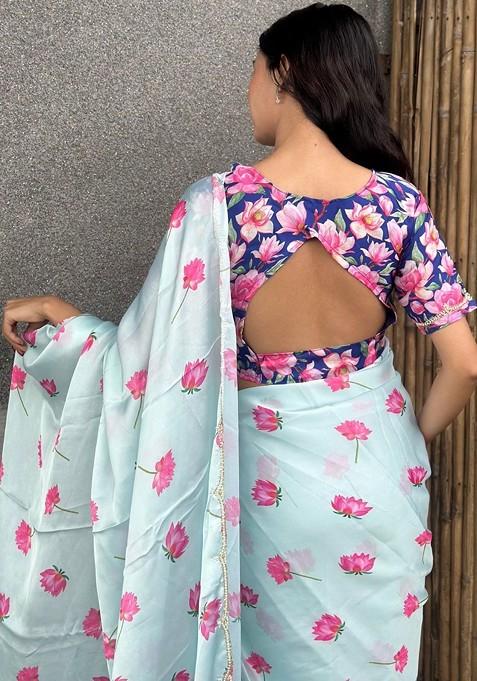 White Floral Print Blended Saree Set