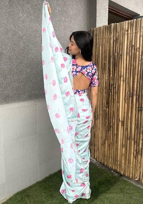 White Floral Print Blended Saree Set