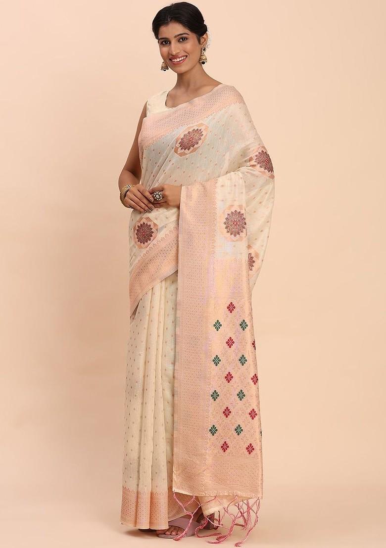 Off White Zari Printed Blended Saree Set - Indya