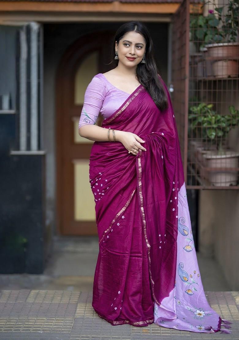 Magenta Zari Printed Blended Saree Set - Indya