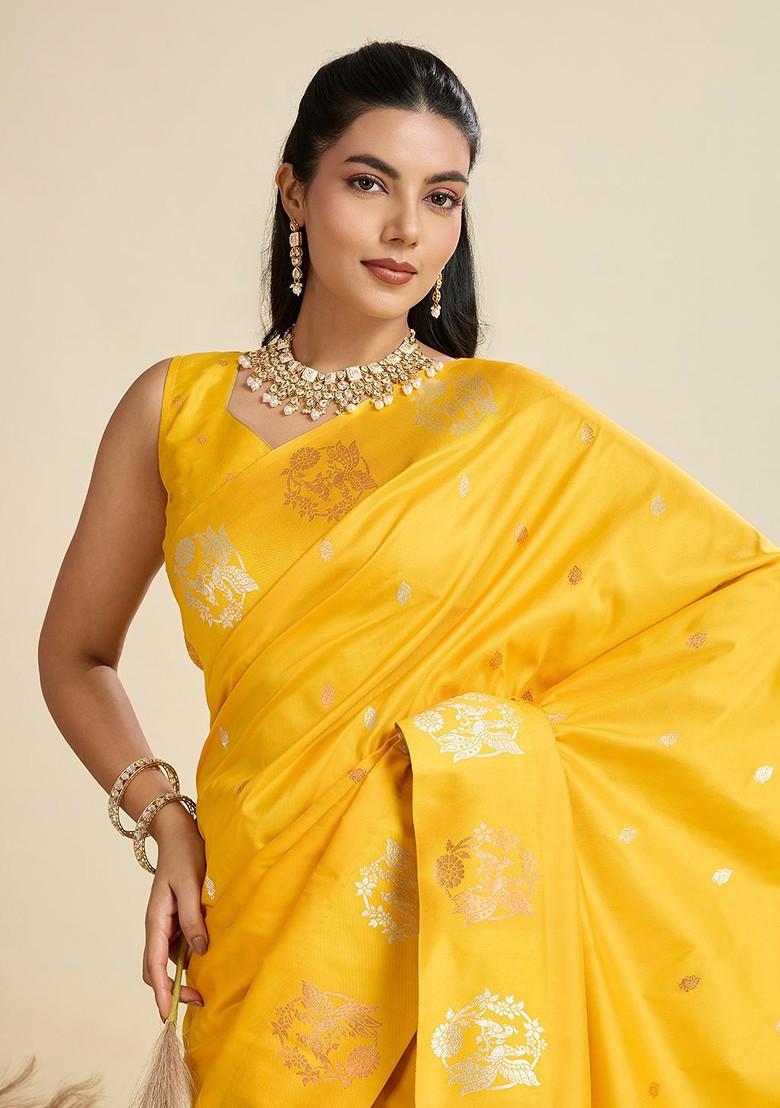 Yellow Zari Printed Blended Saree Set - Indya