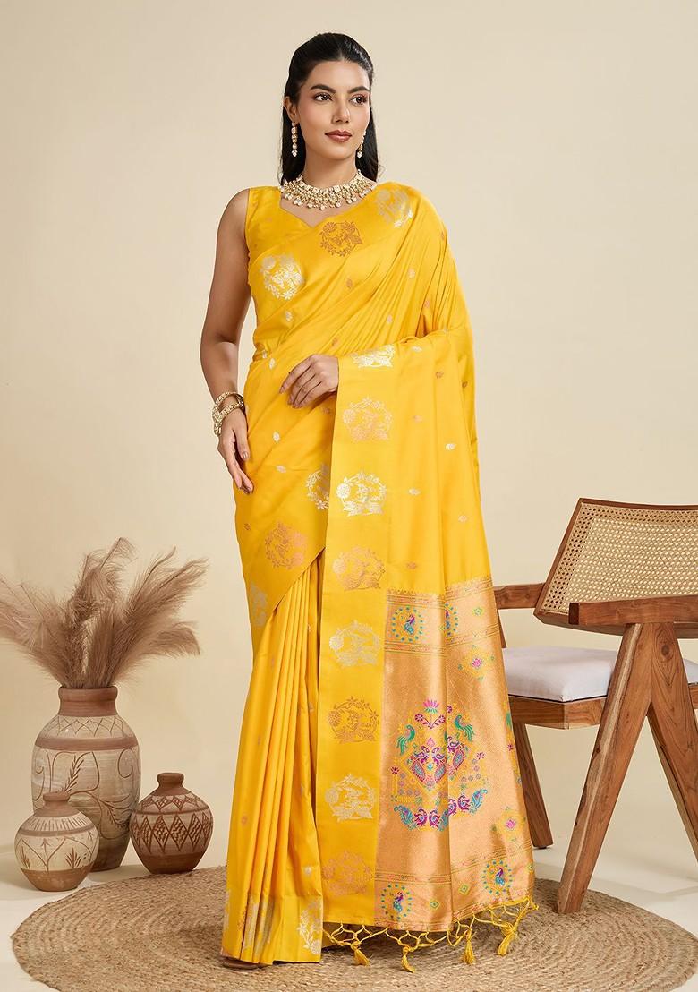 Yellow Zari Printed Blended Saree Set - Indya